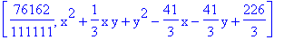 [76162/111111, x^2+1/3*x*y+y^2-41/3*x-41/3*y+226/3]
